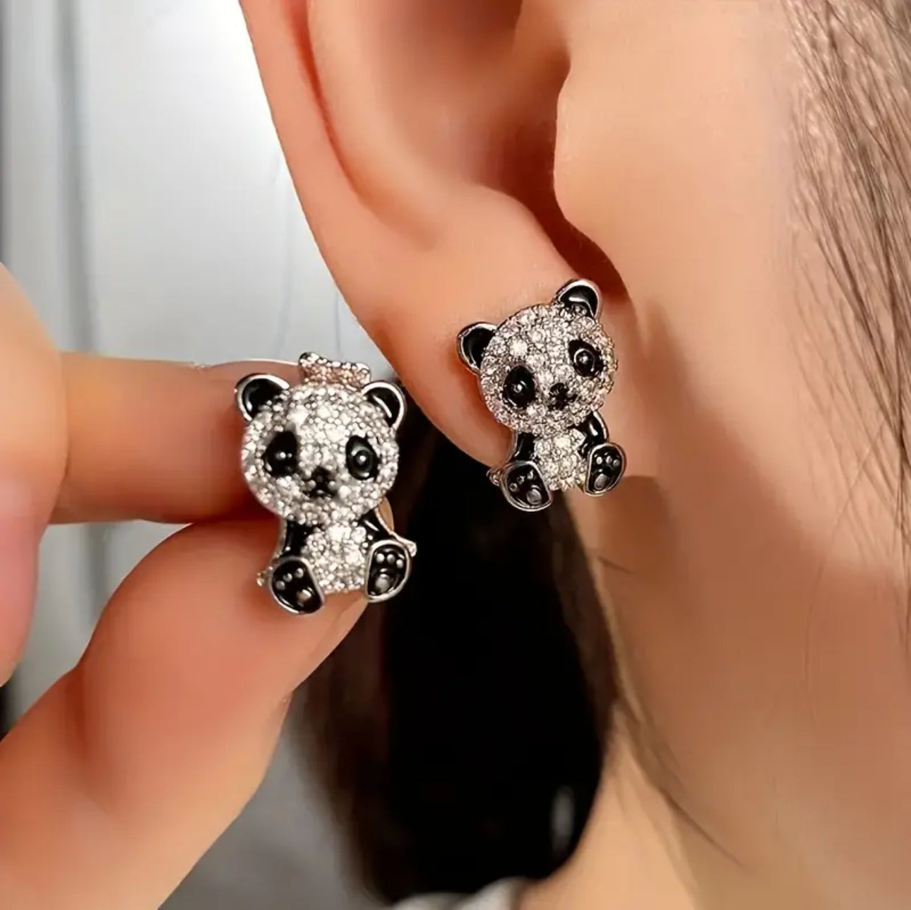 Adorable, Chic Silvery Panda Stud Earrings for Girls - Cute Alloy with Glass Accents,Stainless Steel Posts