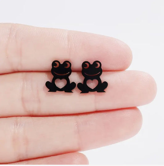 Adorable Black Frog Stainless Steel Stud Earrings. Sleek Design for both Men & Women.