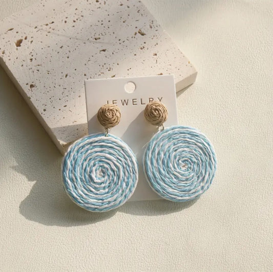 Bohemian Handwoven Rattan Drop Earrings for Women, Round Woven Dangle Earrings, Stainless Steel Posts, Perfect for Beach Vacation.