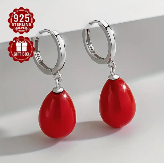 2Pc925 Sterling Silver Hypoallergenic Red Imitation Jade Pear-Shaped Earrings, Simple And Elegant Style.