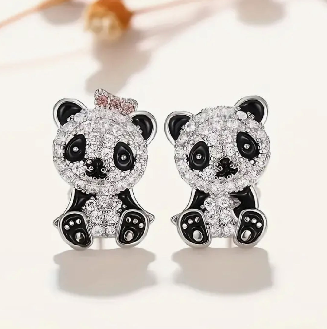 Adorable, Chic Silvery Panda Stud Earrings for Girls - Cute Alloy with Glass Accents,Stainless Steel Posts