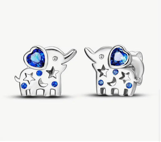 Adorable Elephant Design Stud Earrings with a Blue Zircon Inlaid. Hypoallergenic made with 925 Sterling Silver.