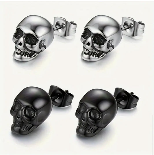 2 pairs of Skull Stud Earrings Skulls. 1 Pair Black, 1 Pair Silver. Stainless Steal Earrings. Unisex Punk Gothic Earrings.